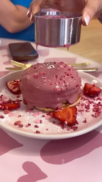 Pink glazed pancake stack